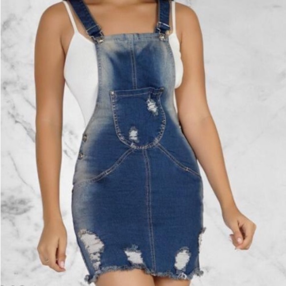 Marin kiog distressed denim jeans overalls mini dress women's size XS - Picture 1 of 9